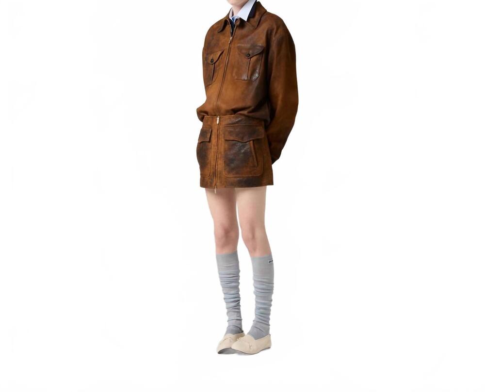 NEW MIU MIU waxed suede leather mini skirt in cognac